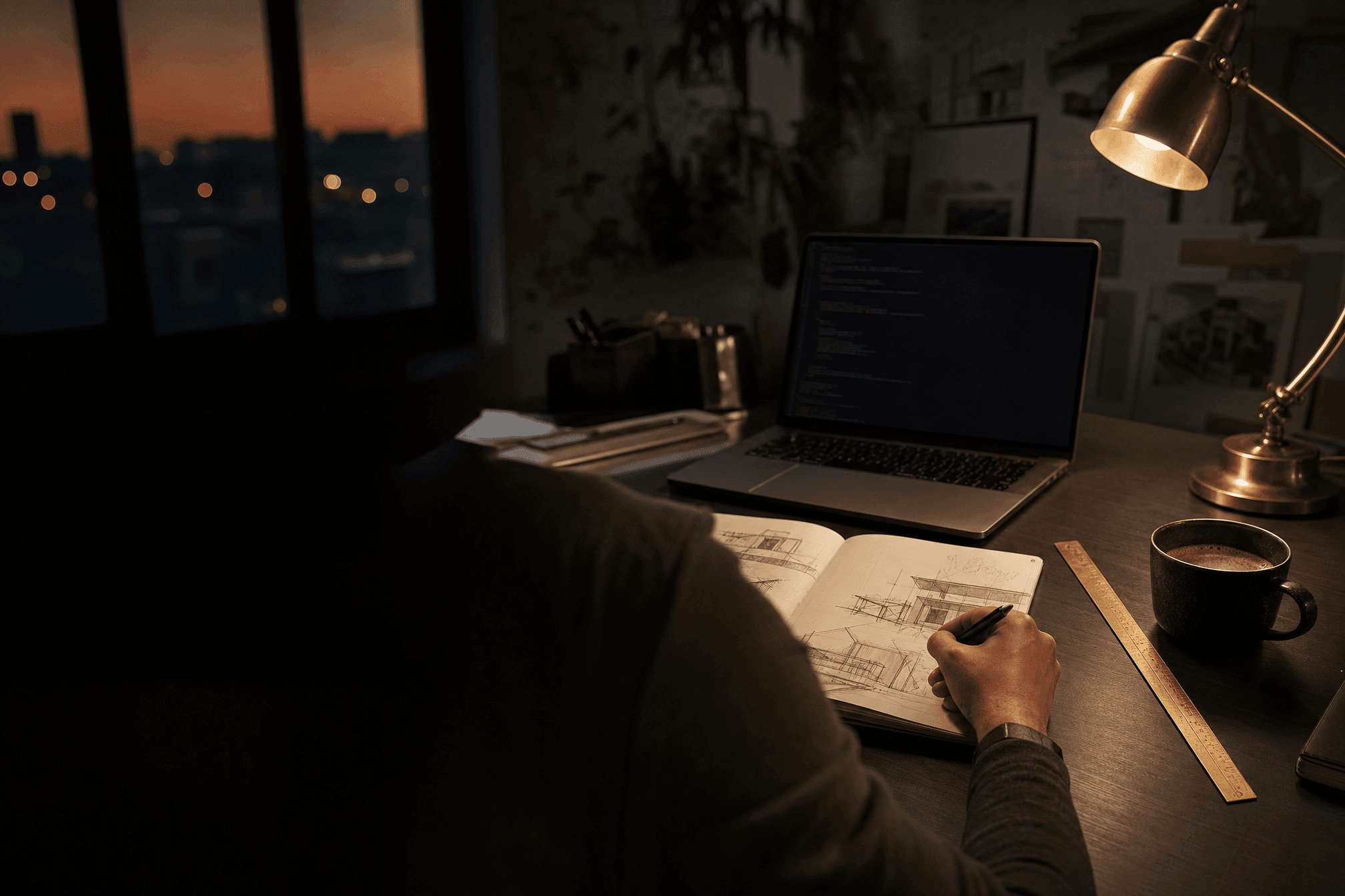 A designer's desk at dusk — sketchbook, laptop, brass lamp, city window.